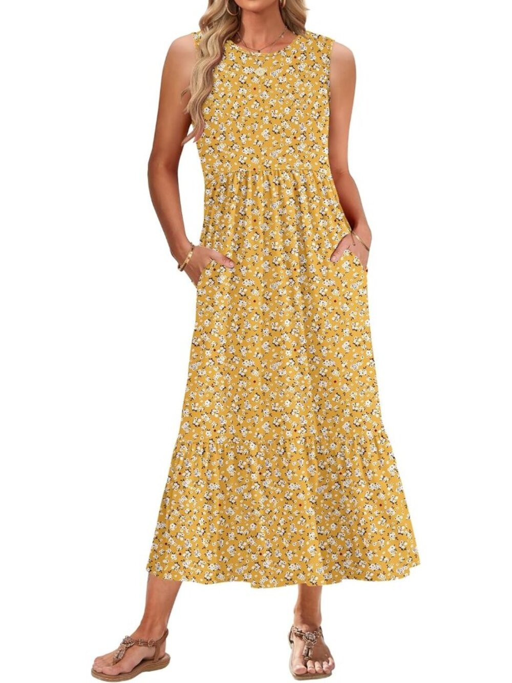 Women's Yellow Summer Sleeveless Empire Waist Crewneck Maxi Dresses with Pockets
